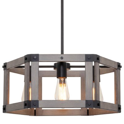 Dilks Oaks Pantilimon 20"" 4-Light Farmhouse Pendant Chandelier + Hexagonal Open Design, Gray Oak Wood Style + Black Finish -  Gracie Oaks, 75D1EDA178B34623B411C03A427CE1E9