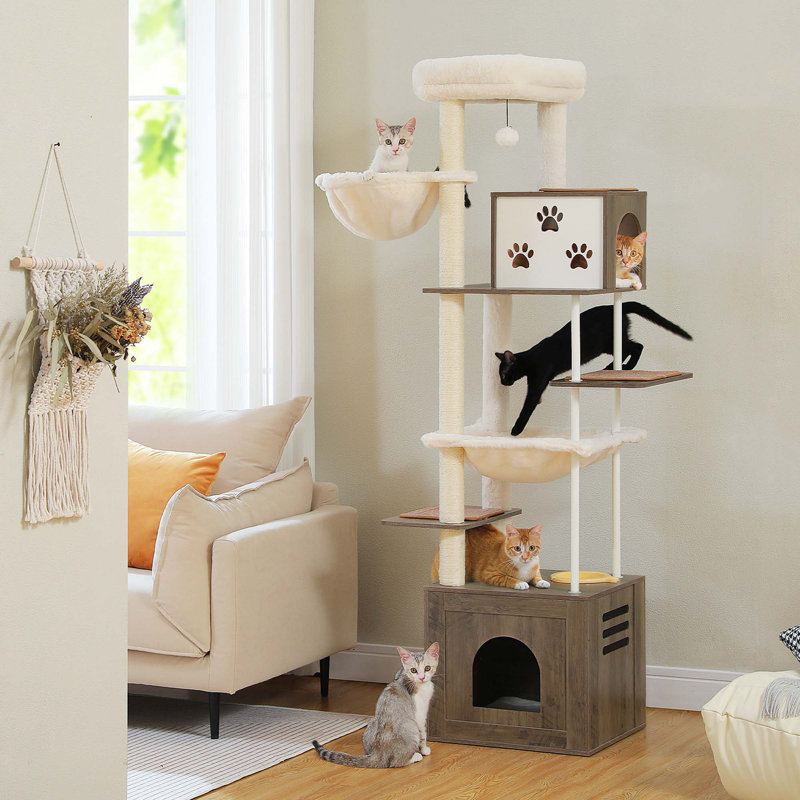 Arbre à chat 75 pouces en bois moderne avec plateformes multi-niveaux, condos pour chat, nid supérieur, hamacs et poteaux à griffer