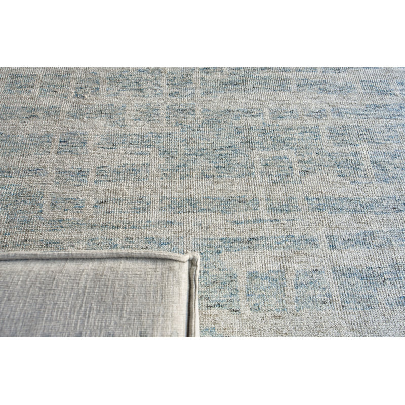 Aldridge Geometric Hand-Knotted Light Blue Area Rug, Rectangle 9' x 12'
