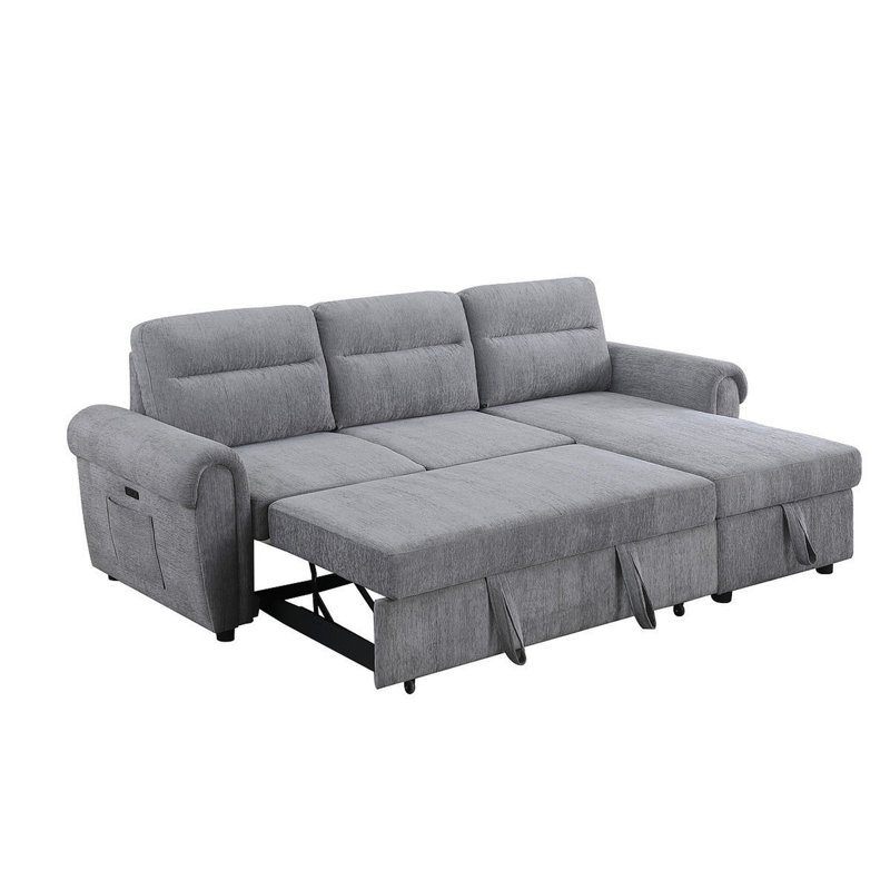 Ugo 97"W Light Gray Chenille Reversible Sleeper Sectional Sofa Chaise With USB Chargers, Phone/Magazine Pockets