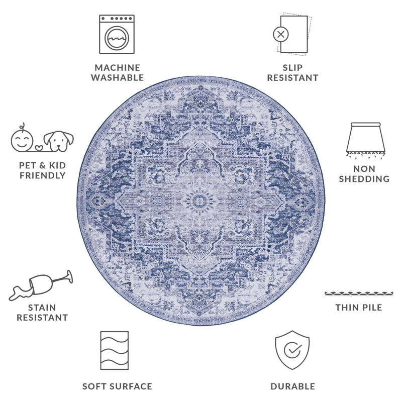 Pashen Performance Machine Washable Oriental Rug, Round 6'