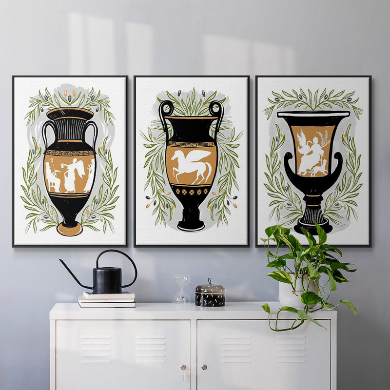 Vases grecs I 3 pièces, H 40 po x l 90 po x P 2 po, Noir