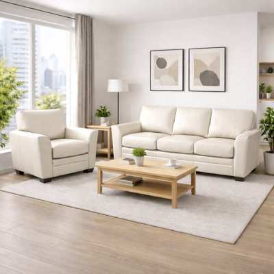 Nadin Premium Leather Sofa and Chair Set with Plush Pillow Back Cushions in White Color