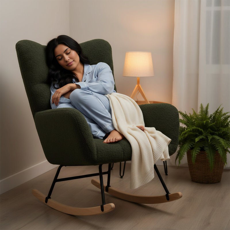 Chaise berçante en tissu doux et moelleux avec dossier à oreilles confortable et base en bois massif sécuritaire, Vert foncé
