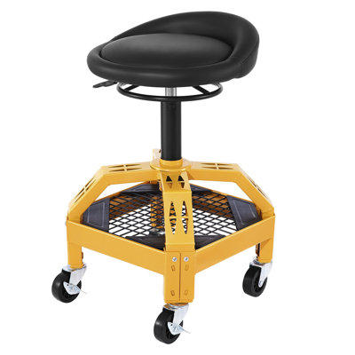 Tabouret de garage roulant jaune avec plateau à outils - Siège de mécanicien à hauteur ajustable, chaise d'atelier robuste avec roulettes pivotantes et panier de rangement pour réparation automobile