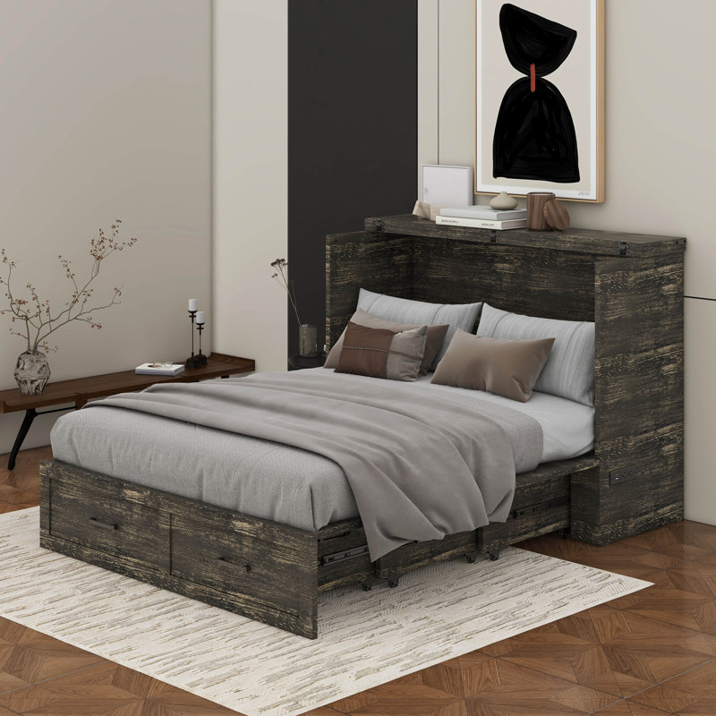 Lit escamotable Murphy avec station de charge, lit plateforme pliable multifonctionnel avec 1 grand tiroir de rangement