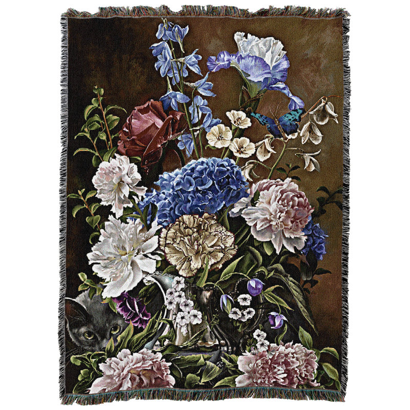 Pure Country Weavers Bouquet in Blue Blanket by Nene Thomas - Gift for Cat Lovers - Tapestry Throw Woven from Cotton - Made in The USA (72x54)
