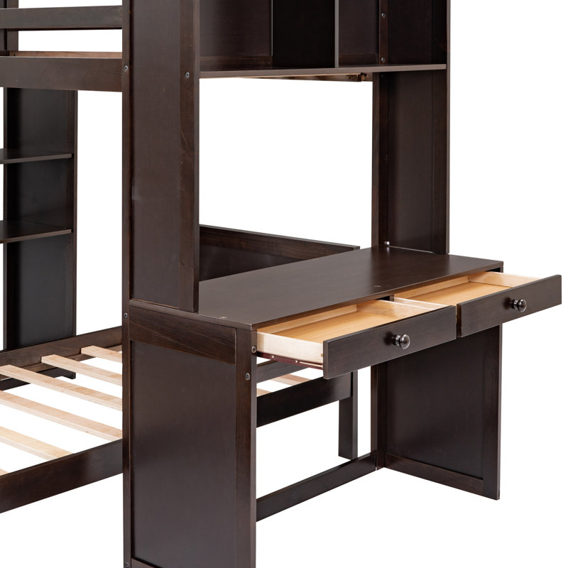 Lit mezzanine avec tablettes, bureau et garde-robe Sdalone, Tanné, Lit simple