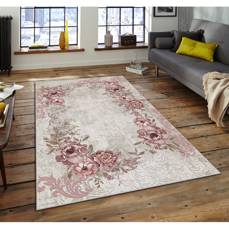 Tapis rectangulaire tissé à la machine en polyester tissé à la machine en gris / mauve, Rectangle 5 pi 11 po x 9 pi 2 po