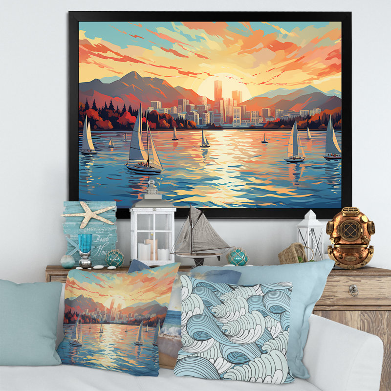 «Vancouver Port Sunset Sail - Port Landscape Coastal», art mural, Cadre d'angle fermé noir, H 30 po x l 40 po x P 1,5 po