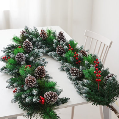 6.56ft Christmas Pine Garland with Pinecones and Red Berries, Artificial Greenery for Holiday Mantel and Staircase Decor