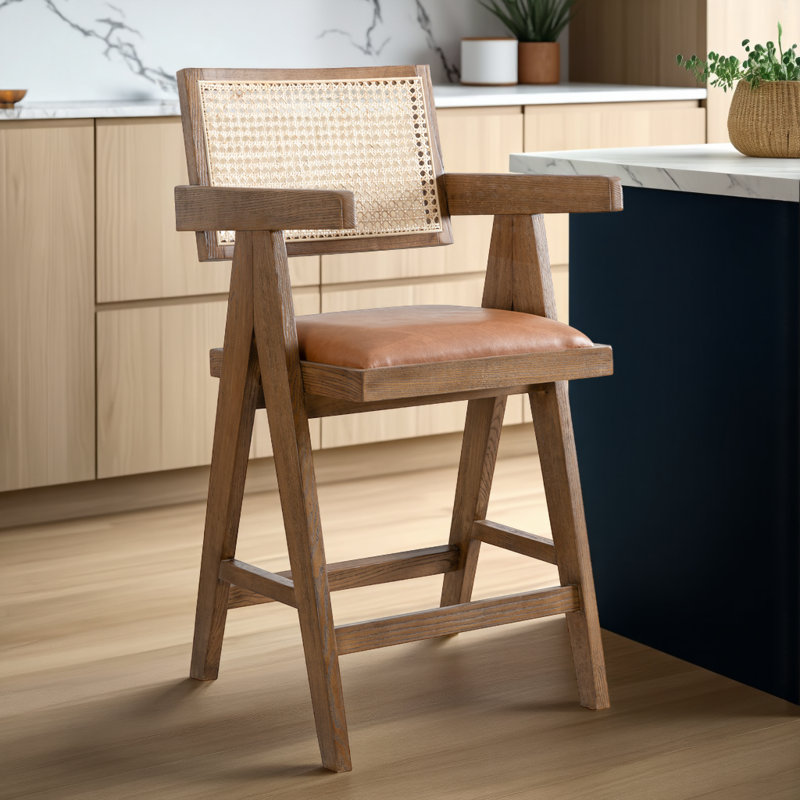 Tabouret de bar en bois massif et rotin Damyria, 1, Tabouret de comptoir (siège d'une hauteur de 26,2