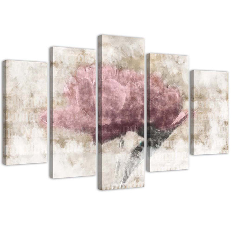 5 Piece Pink Vintage Flower - 5 Piece No Frame Print on Canvas, 70cm H x 100cm W