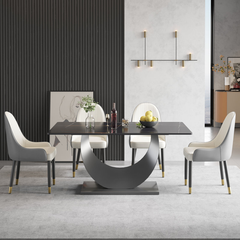 7 - Piece 63 L x 35.43 W Pedestal Dining Set, Black, Ligh Gray/White