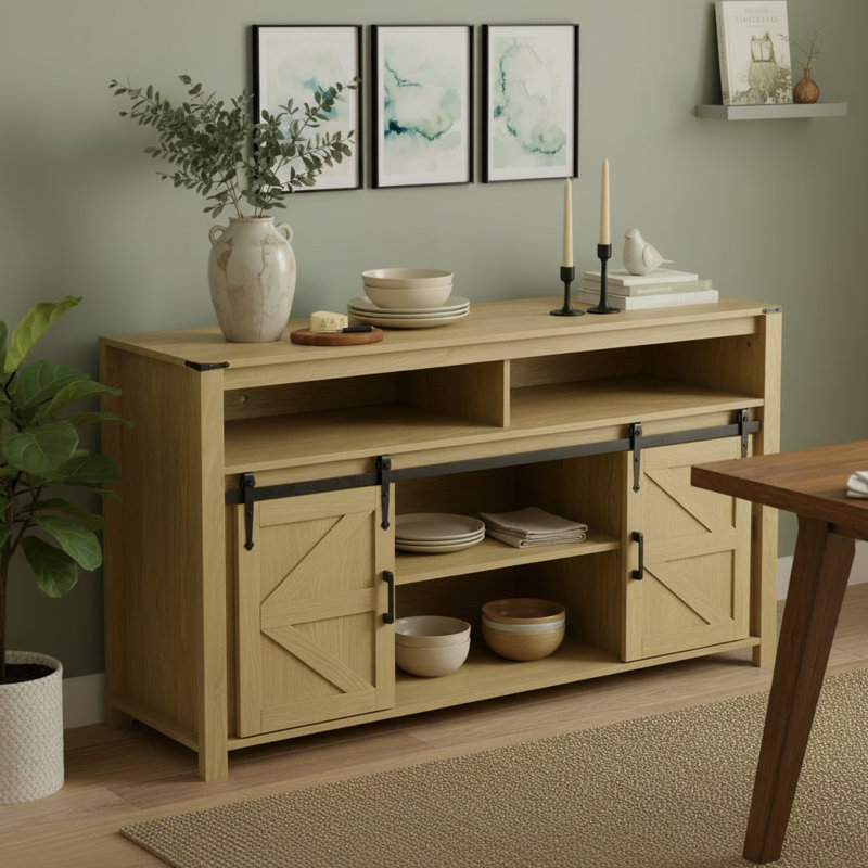 Simple And Natural Open Storage Sideboard With Farmhouse-Style Sliding Barn Door And Mesh Panel. Suitable For Living Room, Balcony, Kitchen, Office, And Hallway.