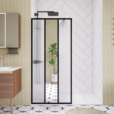 34" W x 72" H Fixed Walk-in Shower Screen Panel, 1/5 inch Tempered Glass, with Center Mirror & Fluted Pattern