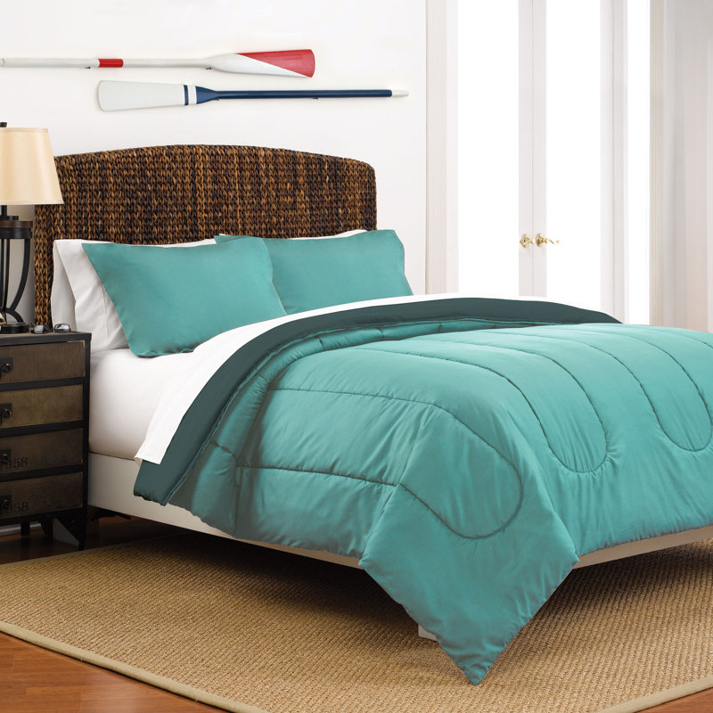 Martex Solid Color Reversible Comforter and Sham Bedding Set Super Soft Brushed Fabric, Turquoise / Teal