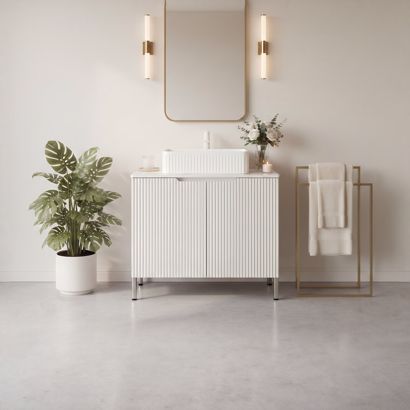 Bathroom Vanity 30", Ceramic Basin, Engineered Carrara Stone Top, White