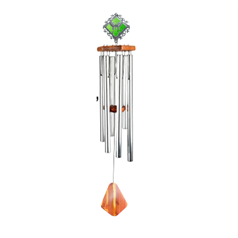 Carillon éolien - papillon vitrail 36 po - verre - tube - bois, Vert / argenté
