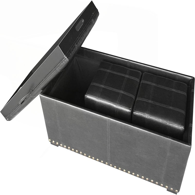 Banc de rangement en cuir avec 2 repose-pieds latéraux, noir