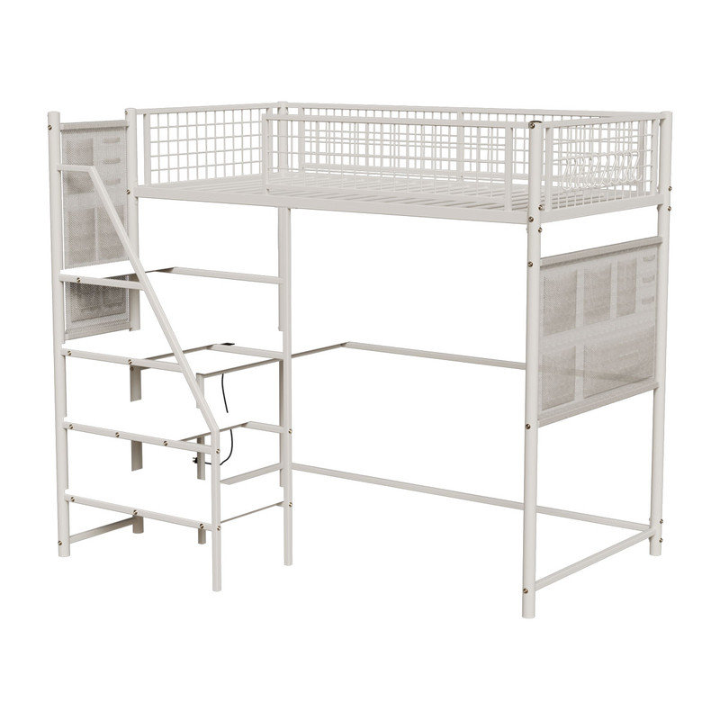 Twin sized loft metal bed with white for bedroom and dormitory, with built-in charging station and LED lighting, Twin, White