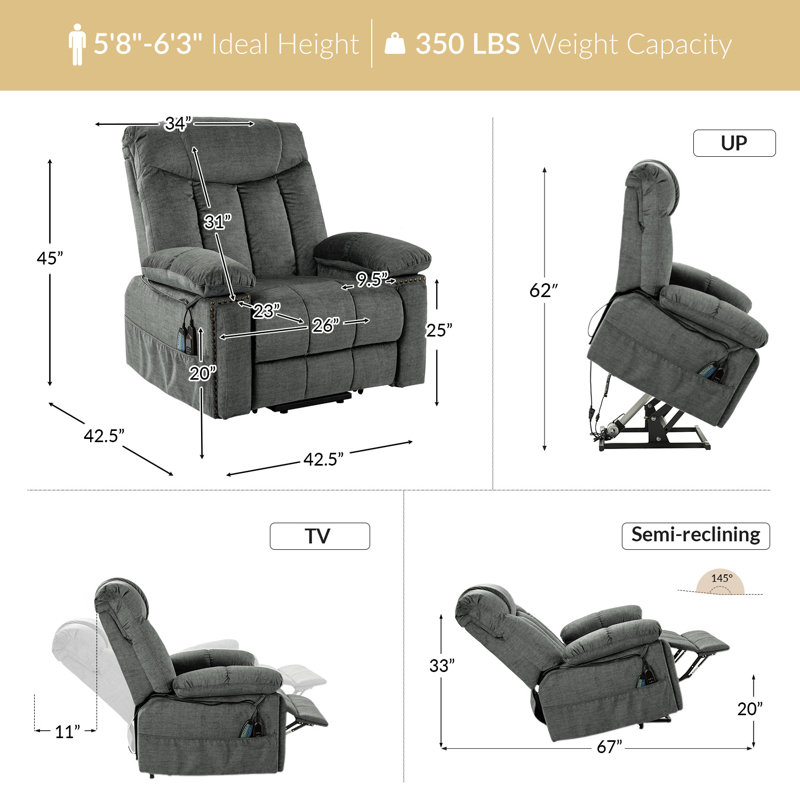 Fauteuil inclinable électrique massant et surdimensionné avec appui-tête réglable Mechtildis, Gris
