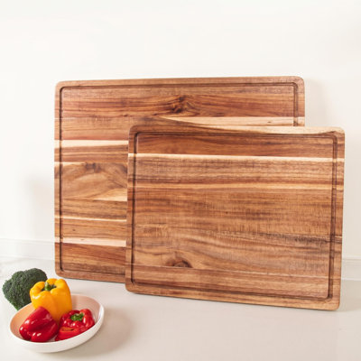 2Pcs Wood Cutting Board with Deep Juice Grooves & Inner Handles, 24in and 20in Reversible Wooden Chopping Board for Kitchen, Charcuterie Cheese Serving Board, Natural Wood Finish