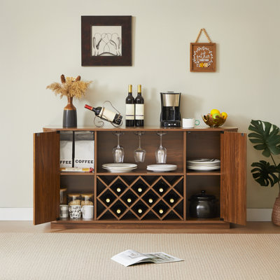 58" Modern Walnut Sideboard Buffet Cabinet With Wine Rack, Glassware Holder And Wavy Curve Design