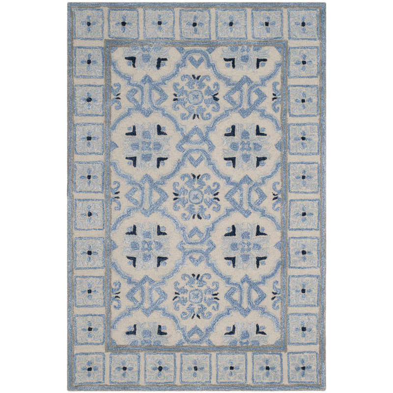 Cruz Hand Tufted Wool/Viscose Oriental Rug in Ivory Blue, Rectangle 4' x 6'