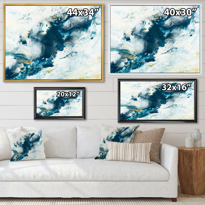 Bleu abstrait créatif liquide - peinture sur toile, H 34 po x l 44 po, Cadre flottant en érable