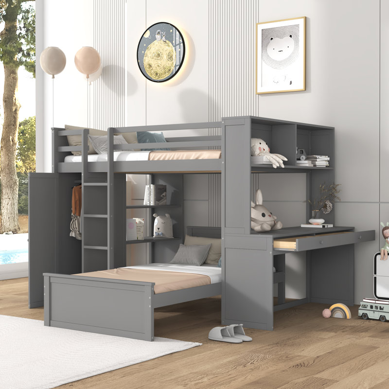 Hentrich  Loft Bed with a Twin Size Stand-alone Bed, Shelves, Desk, and Wardrobe, Gray
