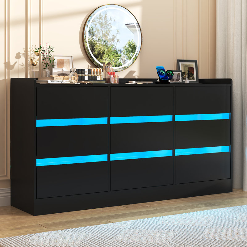 9 Drawer 63" W Dresser With LED Light, Sockets, USB Port, Type-C Port And Beveled Edge Pulls, Black