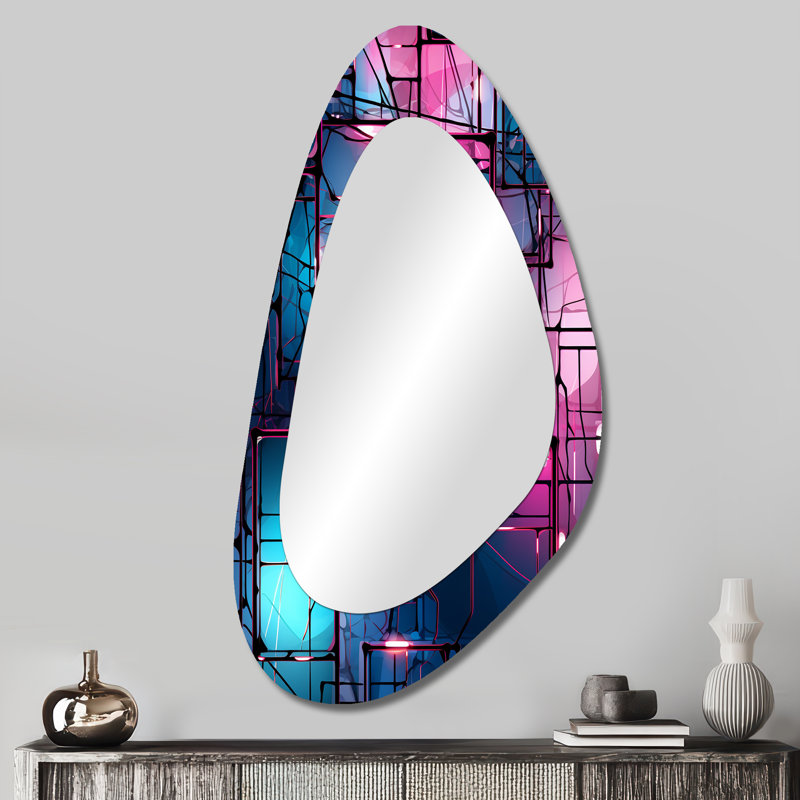 Trevin mauve et bleu abstrait «Power of Solar I», décor de miroir mural asymétrique cubique, grand miroir de forme irrégulière bleue, reproduction d'art en métal