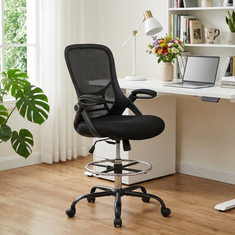 Fauteuil de dessinateur ergonomique pour bureau debout, fauteuil de travail gris avec support lombaire, accoudoirs rabattables et anneau de repose-pieds