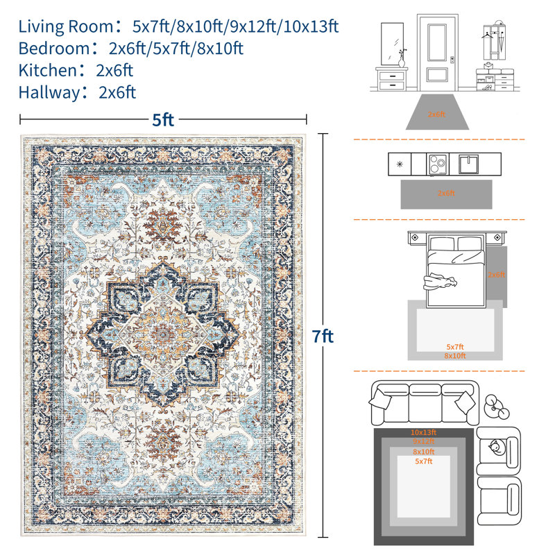 Vintage Floral Pattern Washable Area Rug 2x6, Non Slip Backing Retro Carpet for Entryway Kitchen Bathroom Living Room Hallways Bedroom, Blue and Orange