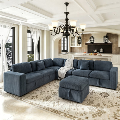 Upholstered L-shaped Corduroy Sectional 5-Seat Sofa with Storage and Ottoman