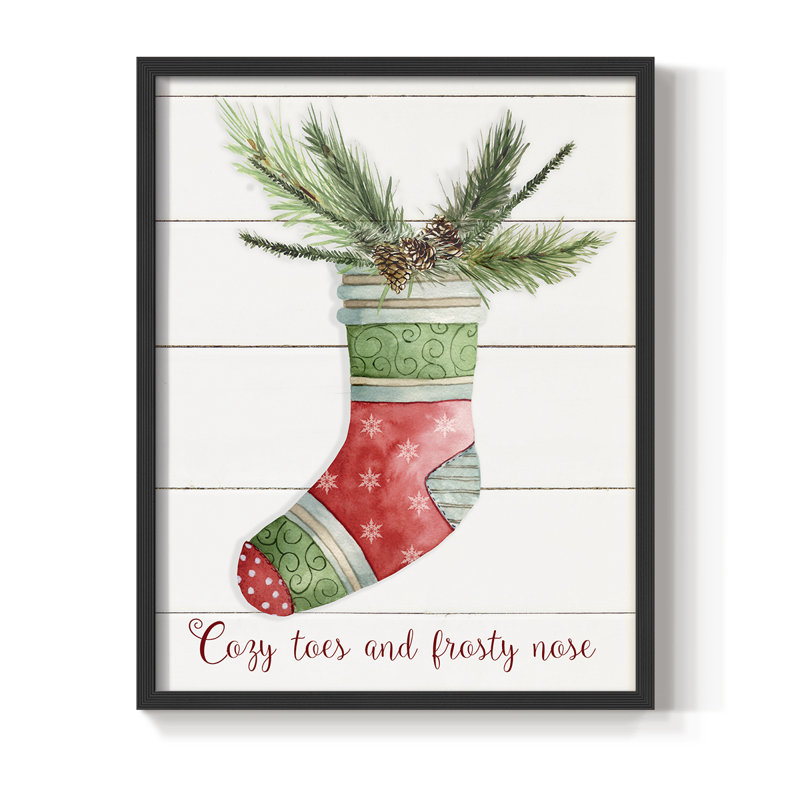 Comfy Cozy Stocking I, reproduction encadrée - bois massif, H 30 po x l 24 po, Noir, noir, noir, noir