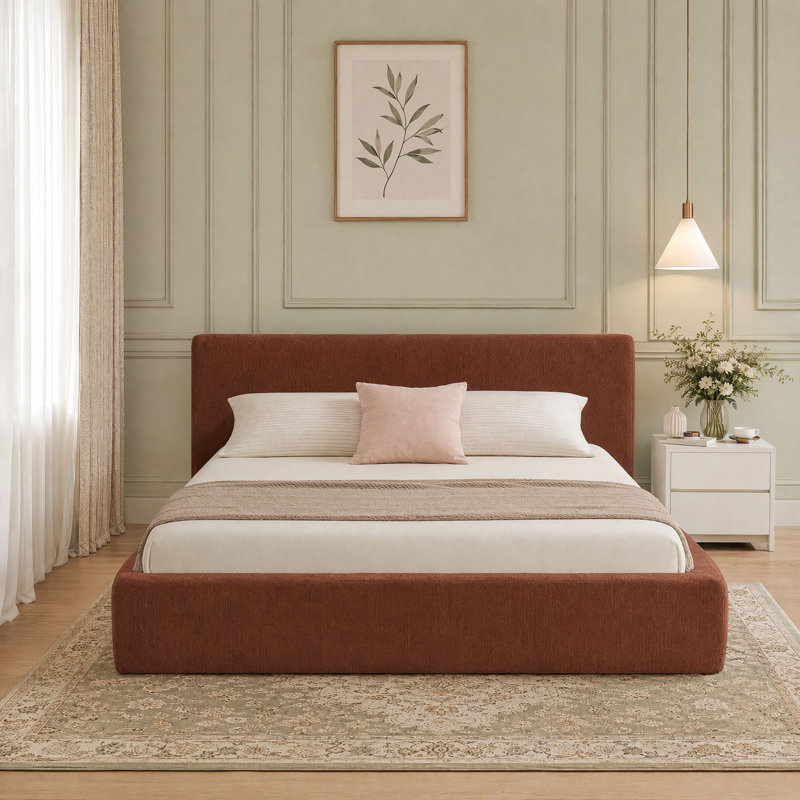 Structure de lit tapissier 69,7 po avec tête de lit en chenille et grand lit, entourage de lit à compression, assemblage facile (sans sommier)