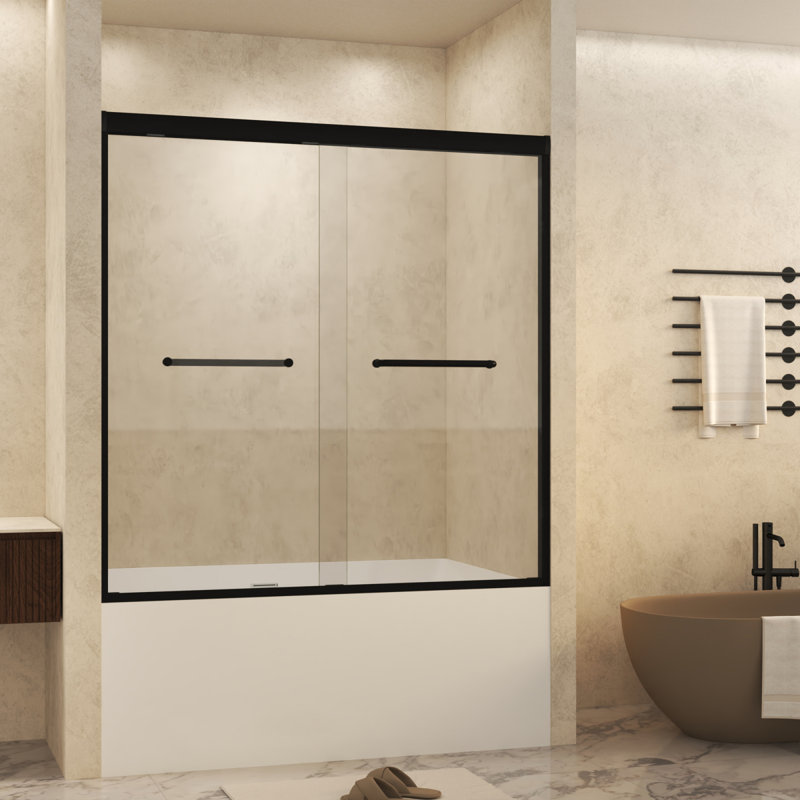 5660" W × 60" H Tempered Glass With Explosion Proof Film, Aluminum Frame Double Sliding Shower Door, "1/4 (6 Mm), Stainless Steel Handle, Matte Black