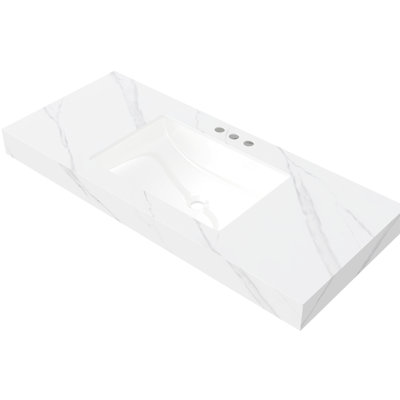 Lavabo encastré en céramique avec trois trous de robinet et comptoir en pierre frittée blanche de 48 po, résistant au feu à haute température