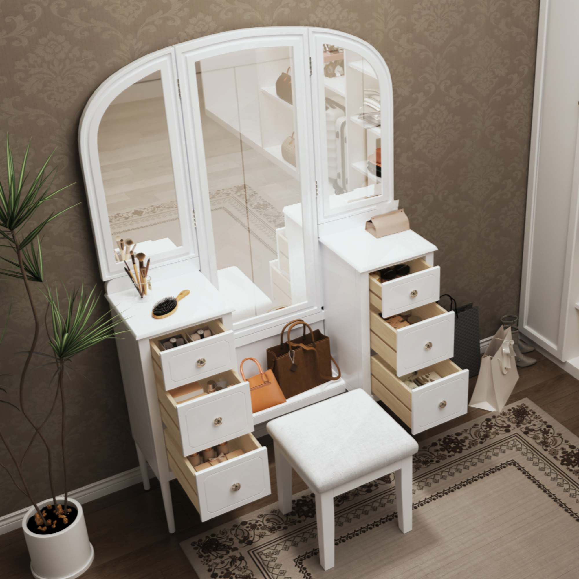 Latitude Run® Antique Makeup Vanity Desk With Triple Mirror, 6-Drawer