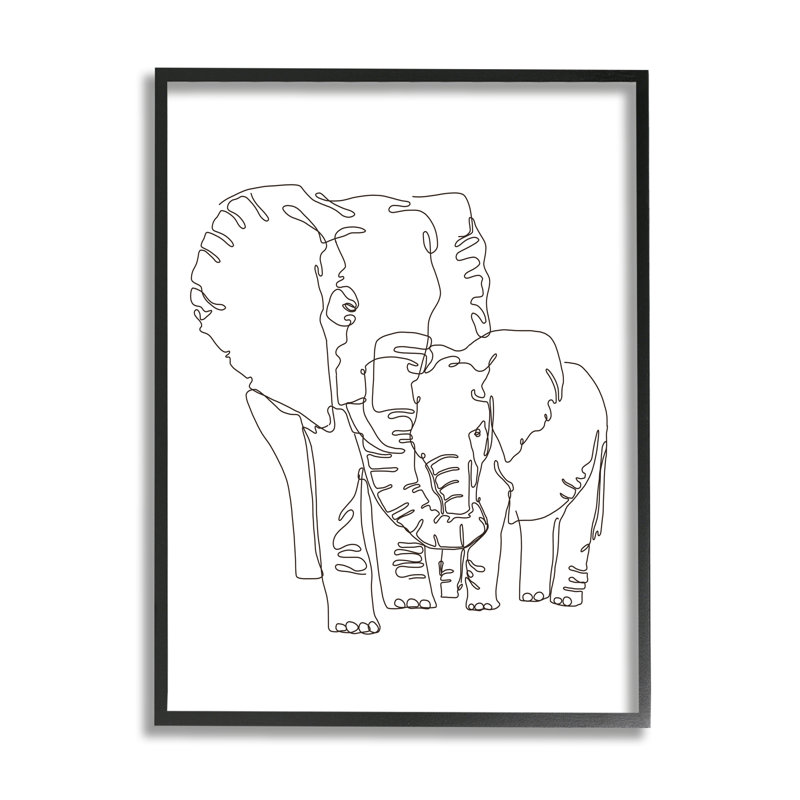 Famille d'éléphants tenant un tronc minimaliste, H 14 po x l 11 po, Giclée encadrée noir minuit