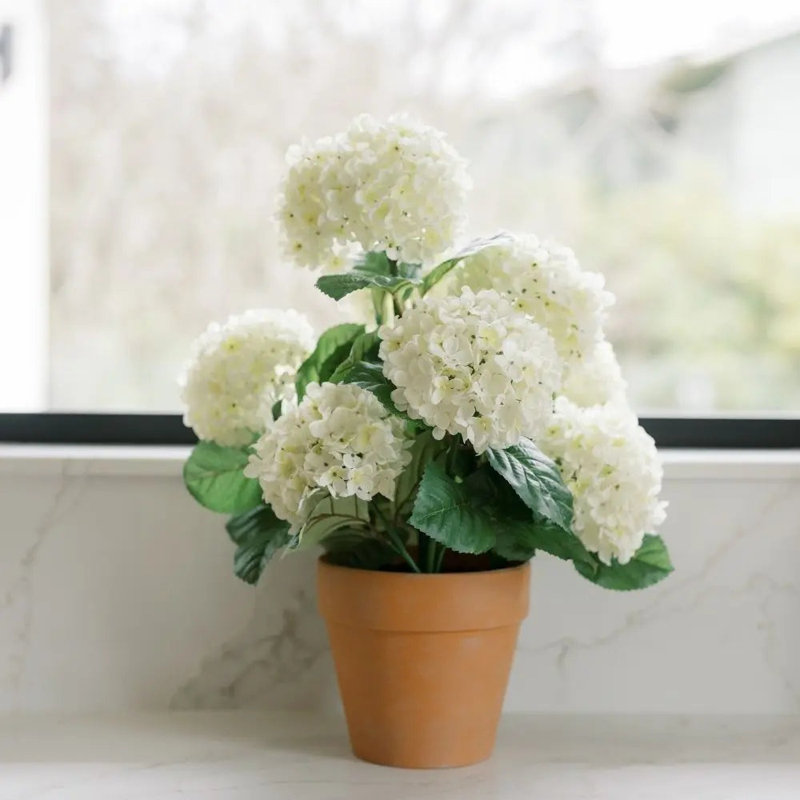 23" Artificial White Potted Hydrangea Plant