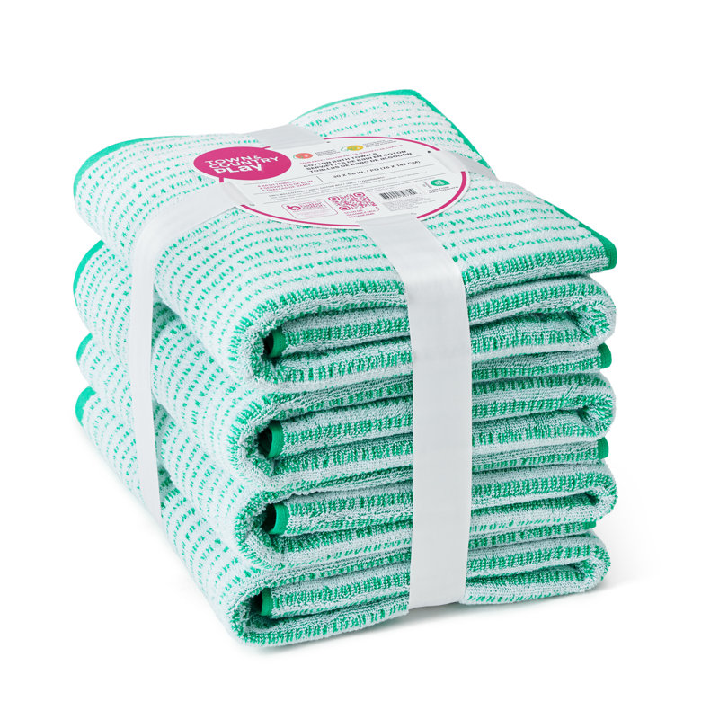 TOWN & COUNTRY PLAY 4-Piece Striped Reversible Terry Brights Bath Towel Set, 30x58-Inch, 100% BCI Cotton, Green