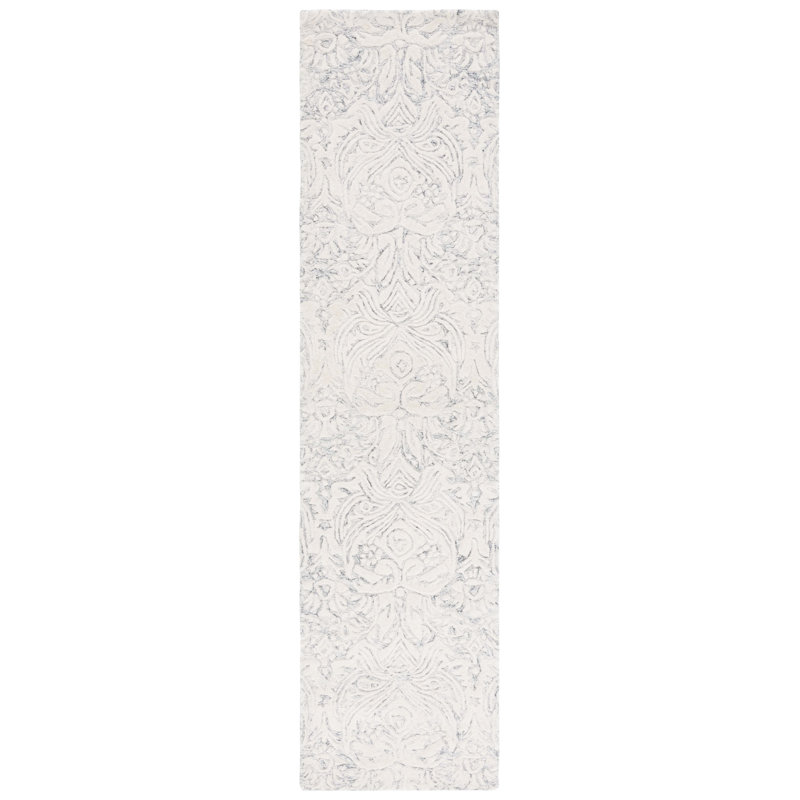 Ednah Damask Handmade Tufted Wool Area Rug in Ivory, Runner 2'3" x 9'