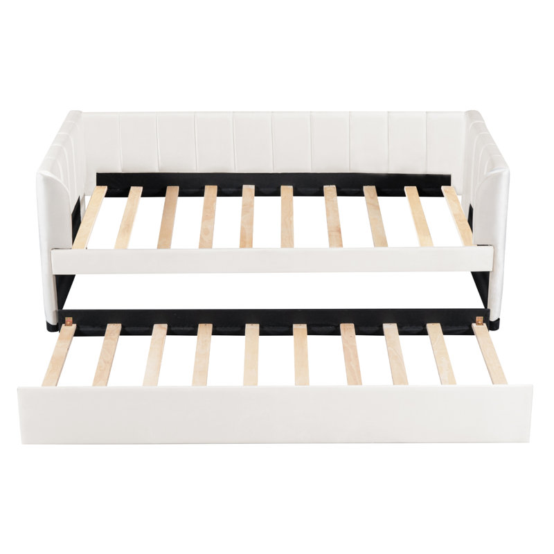 Lit de jour simple rembourré avec dossier ergonomique et gigogne, beige, Beige