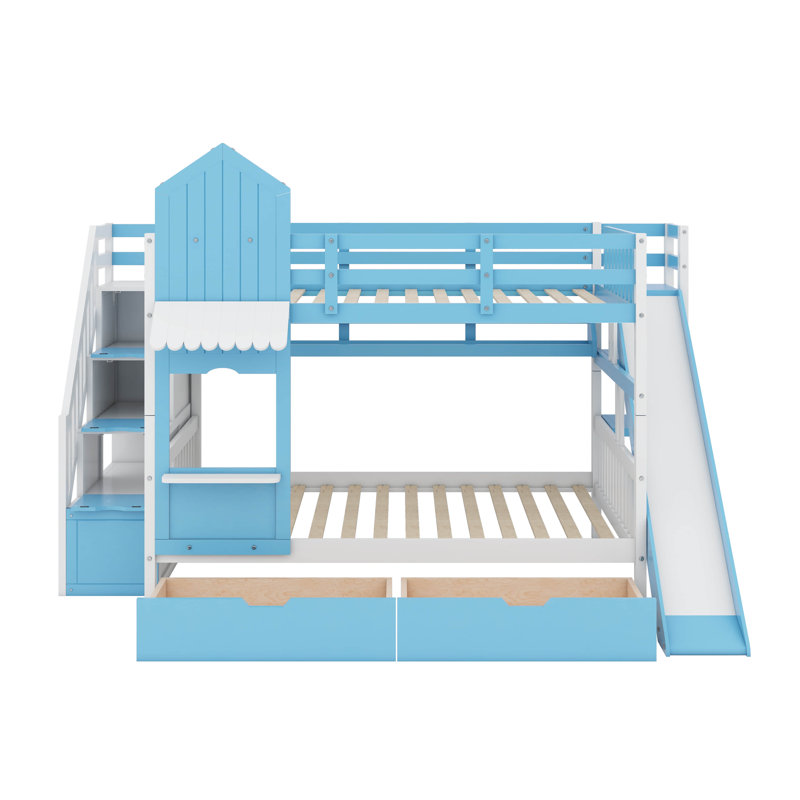 Lit superposé double au-dessus de double, lit superposé de style château avec 2 tiroirs et 3 tablettes, lit superposé en bois massif avec glissière et escalier de rangement