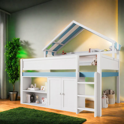 Lit mezzanine en bois compact avec rangement, maisonnette moderne