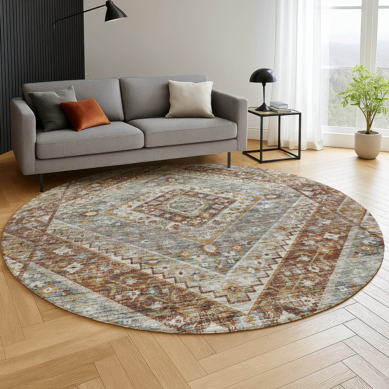 Premium Machine Washable Mayfield AMF2195 geometric Rug, Paprika, 8' Round