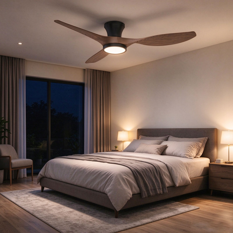 Jacara 52" Flush Mount Ceiling Fan with LED Light & Remote (set of 2), Black with Brown Wood Blades